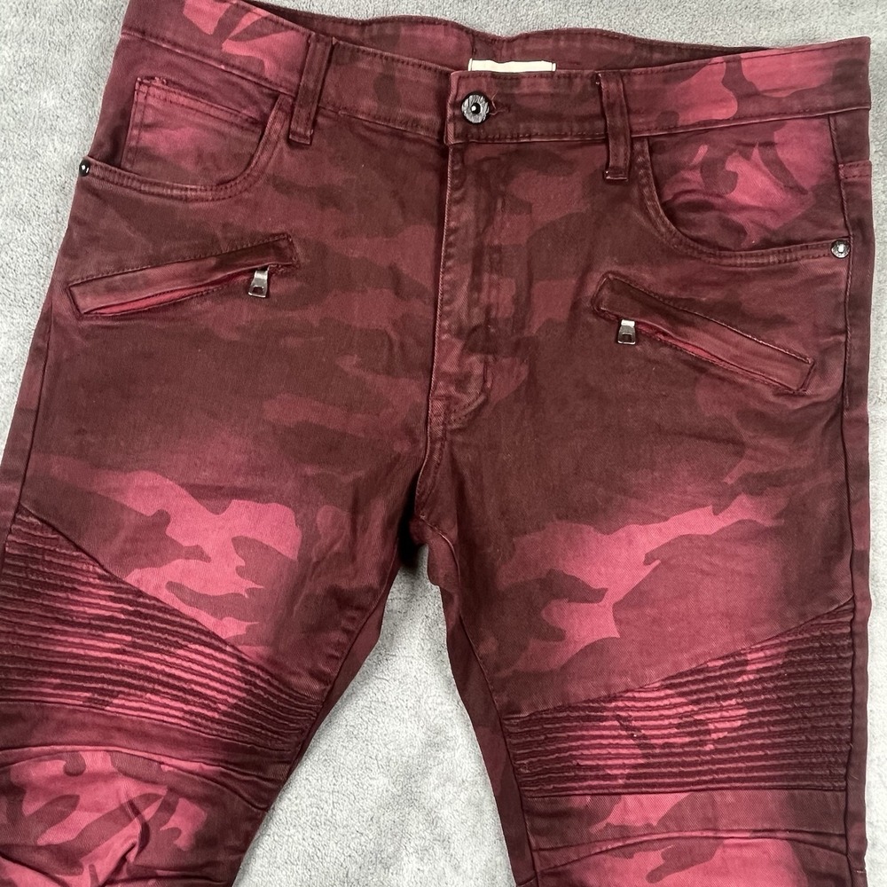 Smoke Rise Jeans Men 40x32 Red Burgundy Camo Straight Leg Slim Denim Moto Grunge